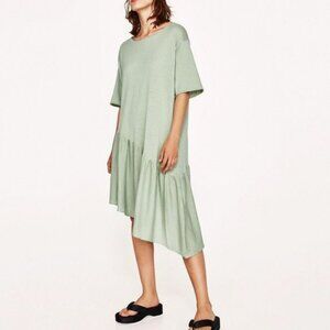 Zara Knit Green Mint Dress With Asymmetric Ruffle Size M